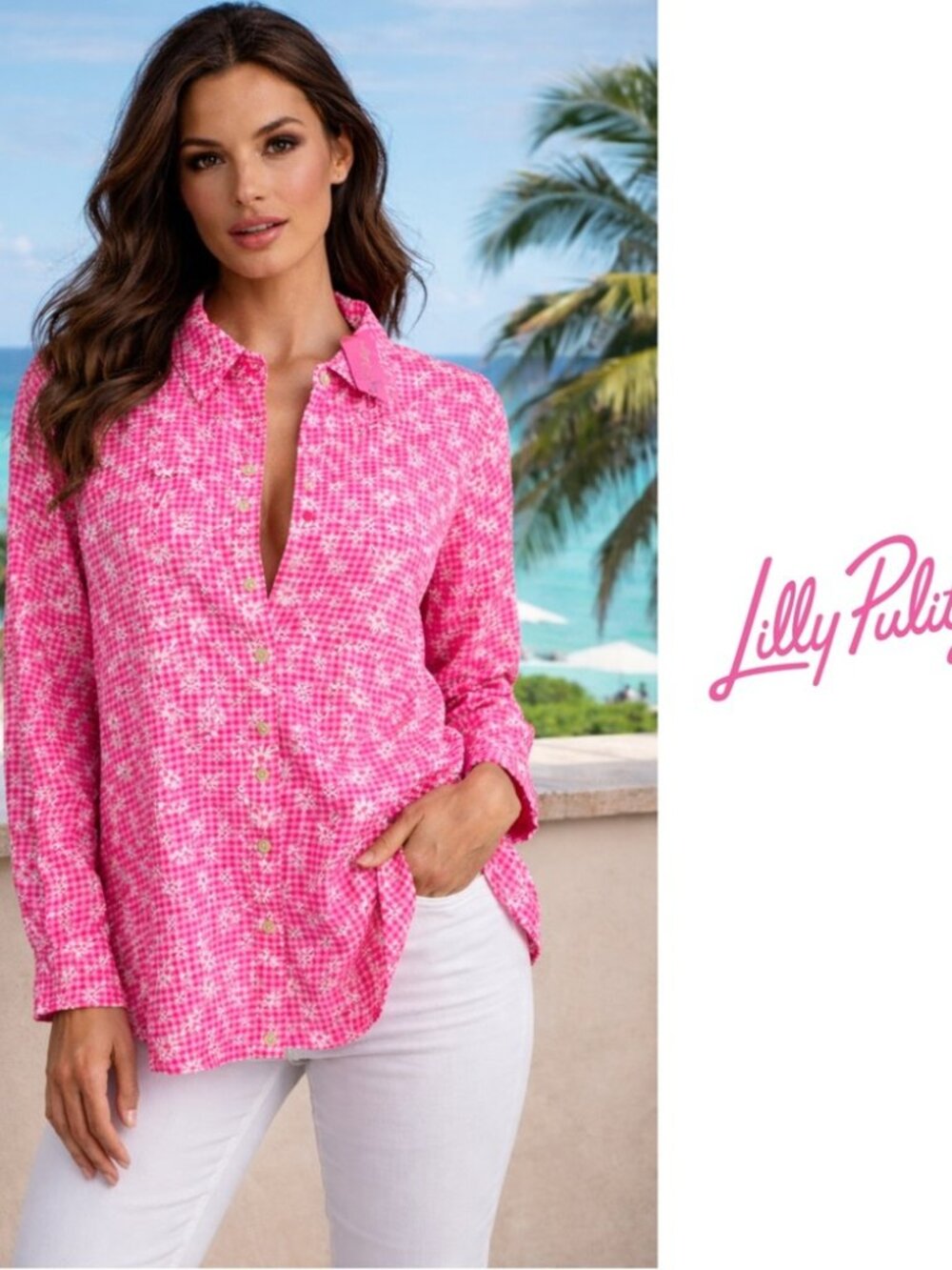 Lilly Pulitzer Sea View Pink Aura Linen Button Down Shirt Long Sleeves Size S